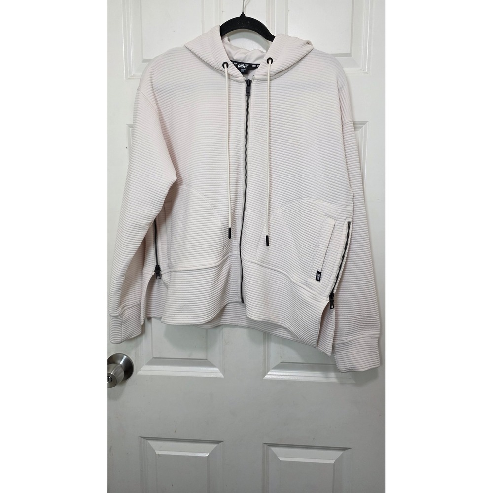 DKNY Sport Hoodie Women's M‎ Cream Ribbed Full Zip Athletic Sweatshirt